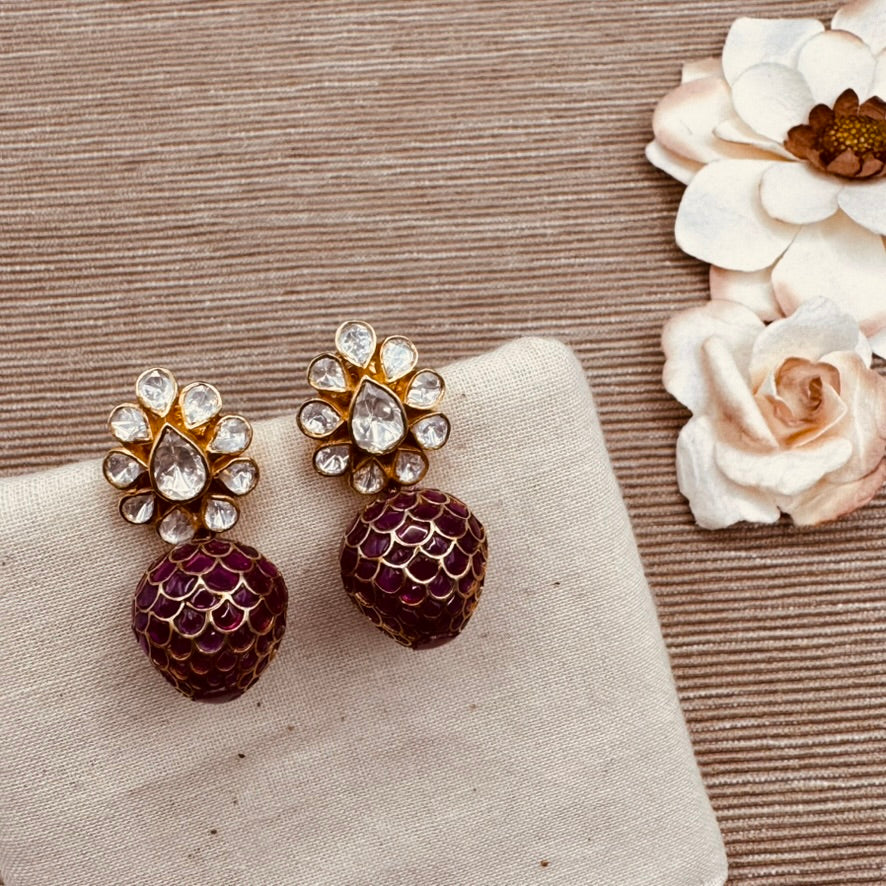 Moissanite top Ruby ball earrings
