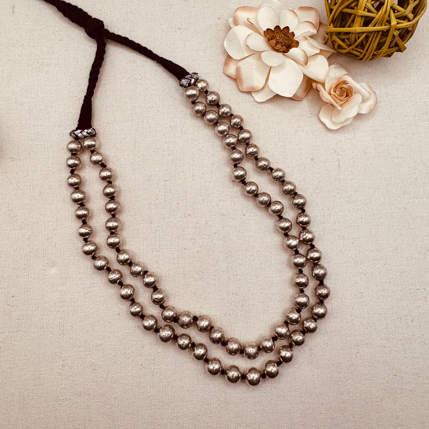 Silver Thread 2 line Ball Necklace