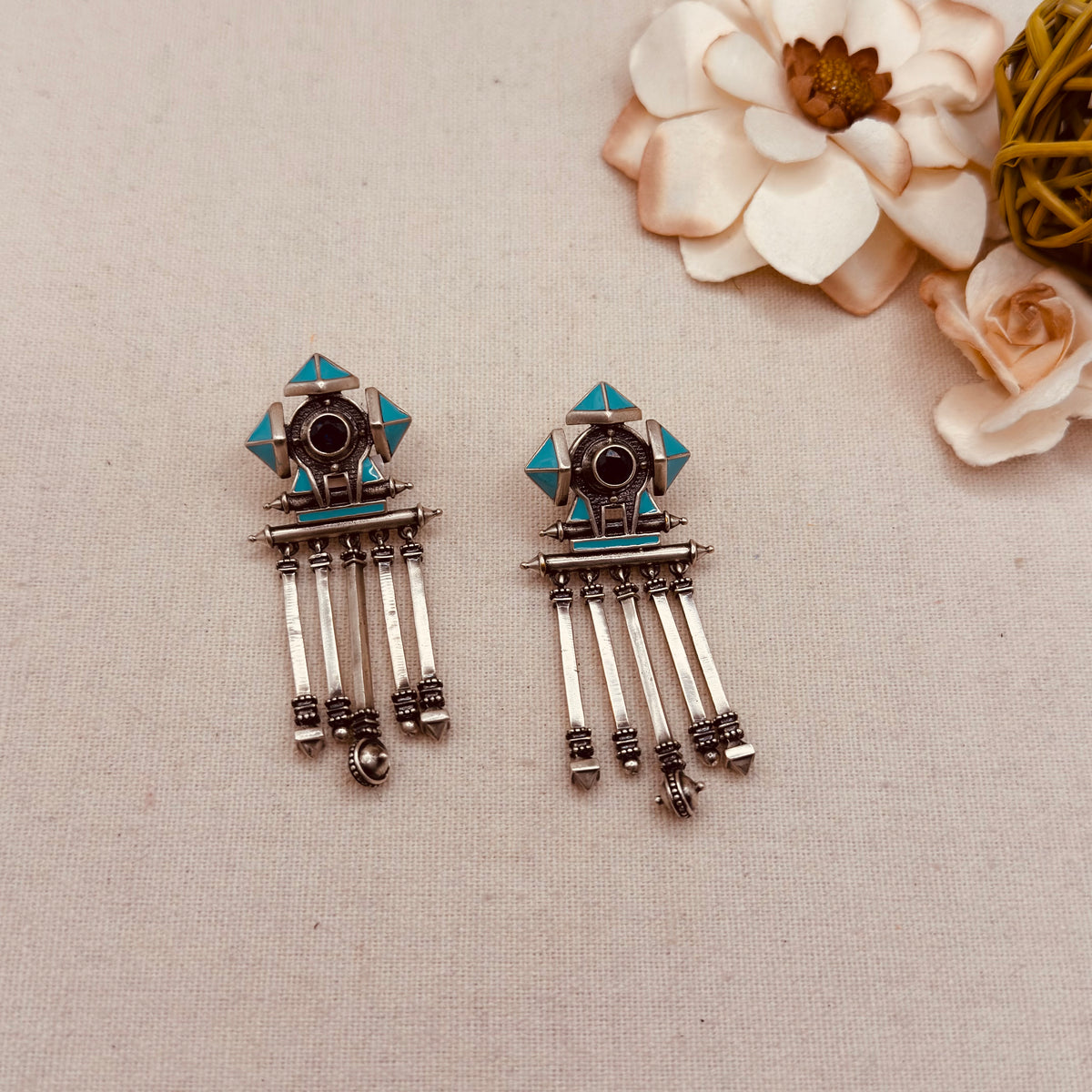 Turquoise Enamelled Shiv Yantra Earrings