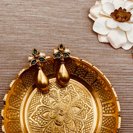 Green and White kundan flower top long drop earrings