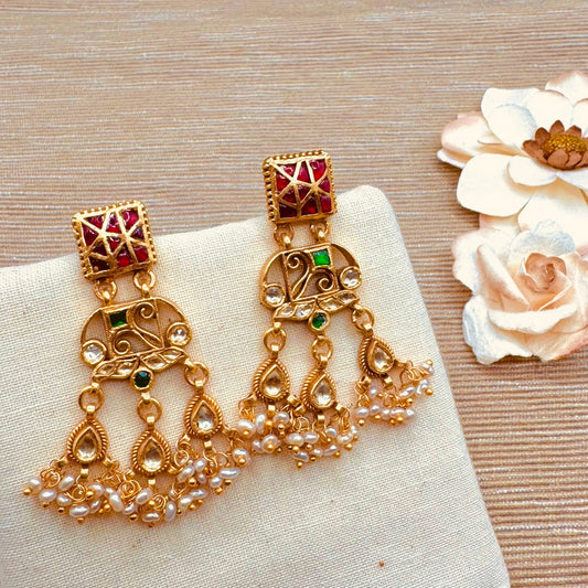 Square ruby kundan top long earrings