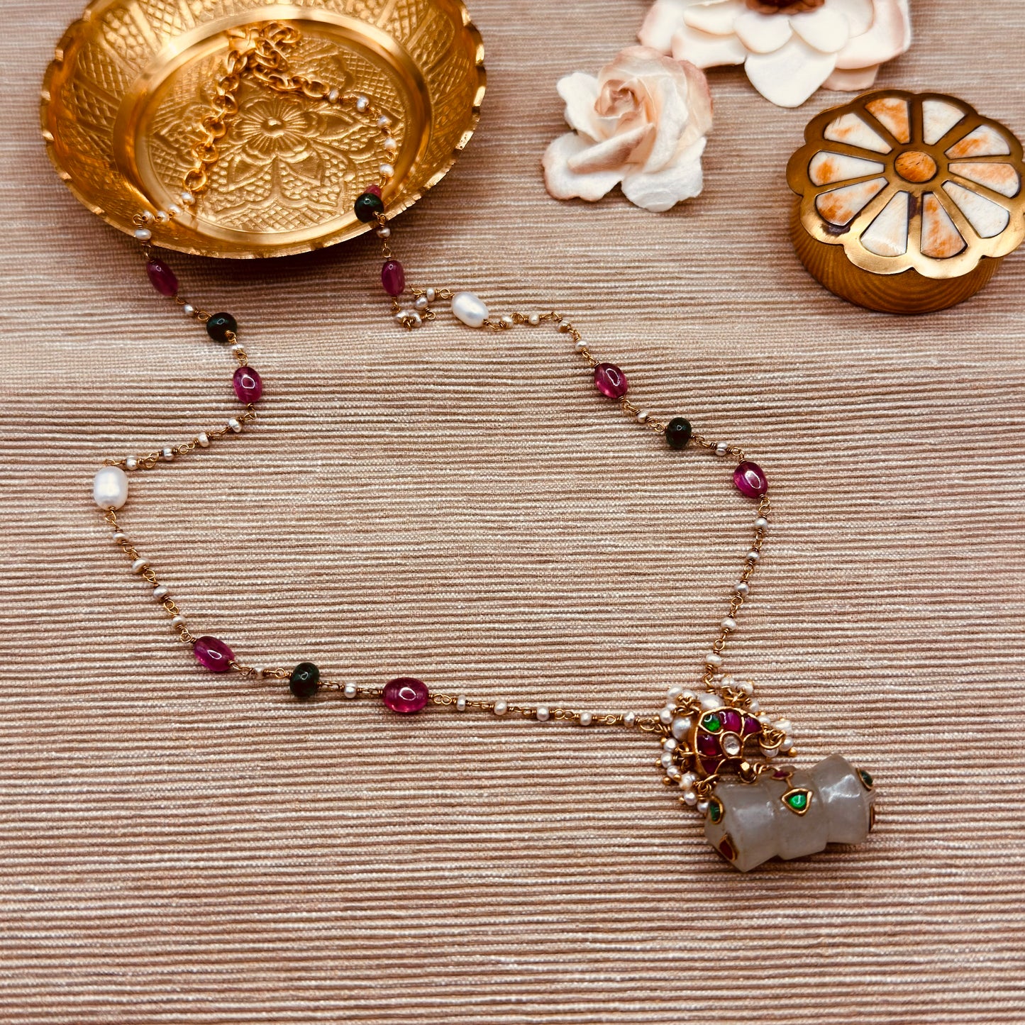Pearl, Ruby, and Emerald Necklace with Dholki Moonstone pendant