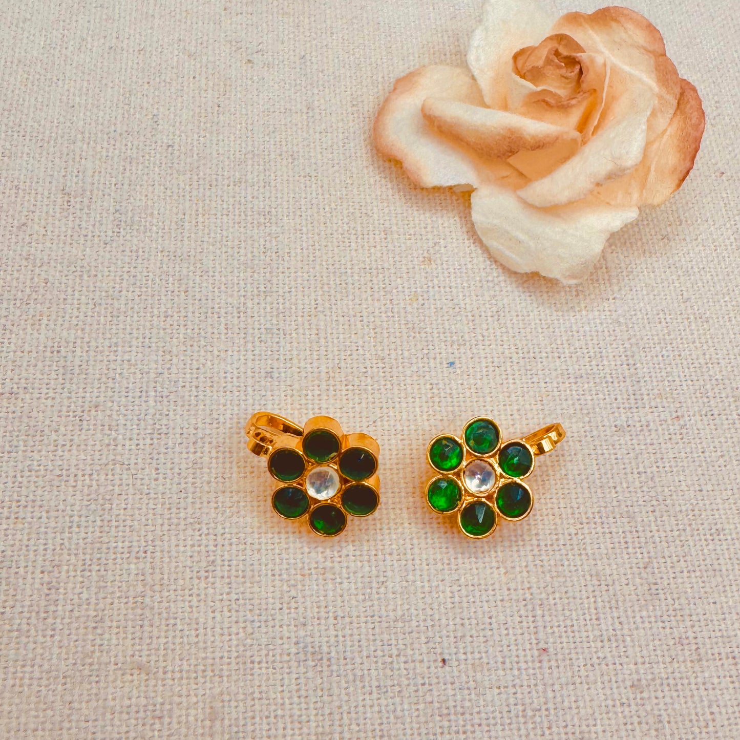 Green and white kundan Flower Ear Cuffs