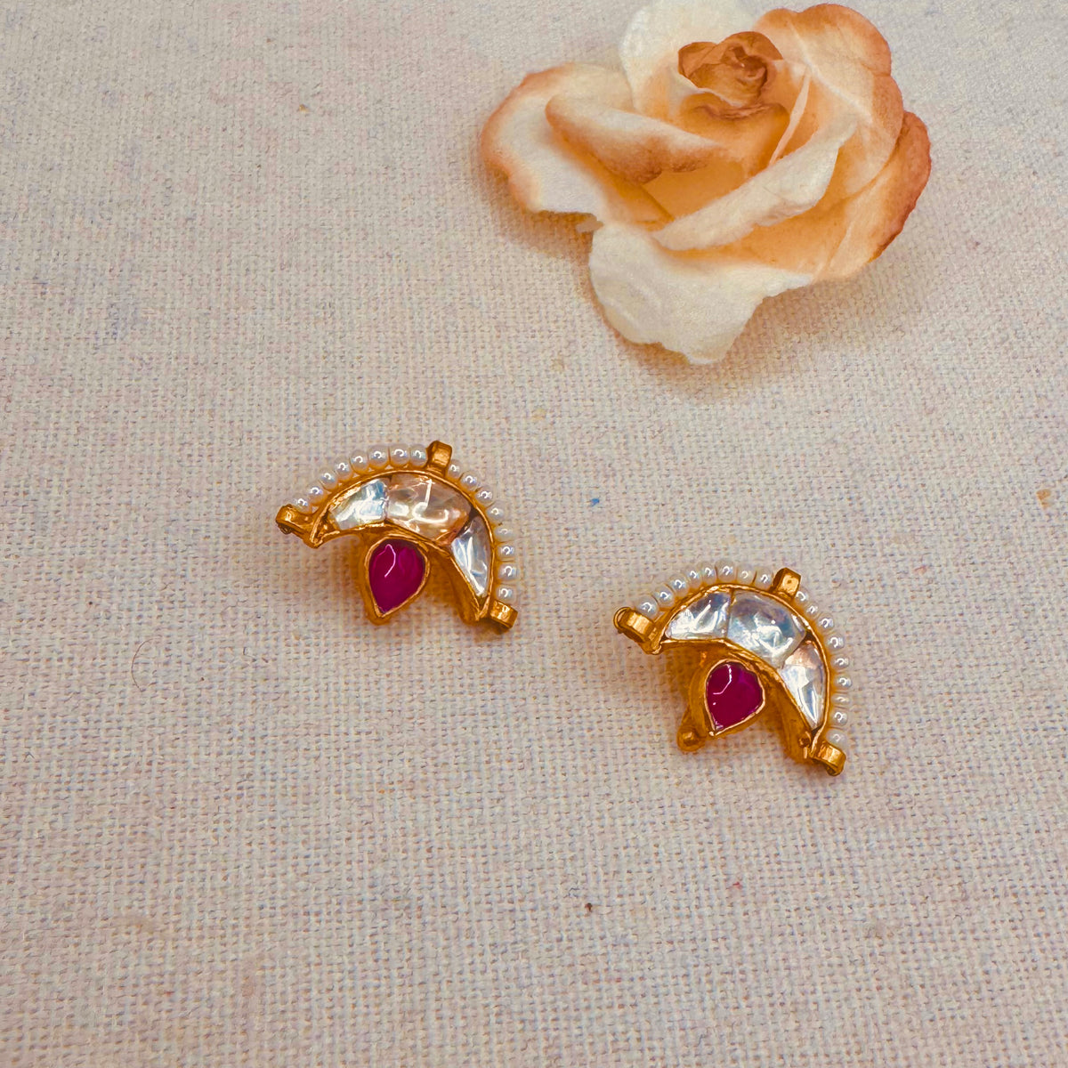 Red and white kundan Chand Ear Cuffs