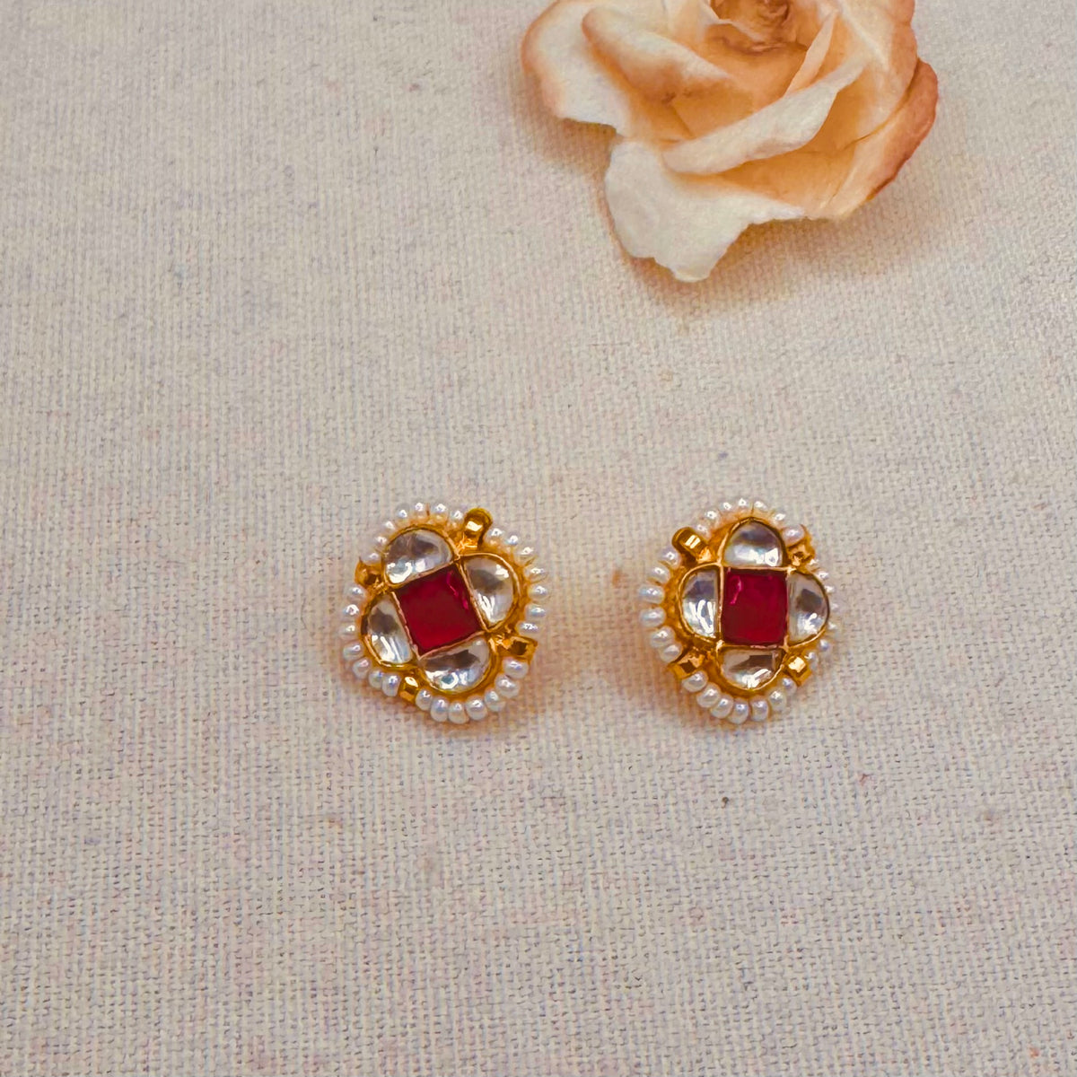 Red and White kundan Clover Ear Cuffs