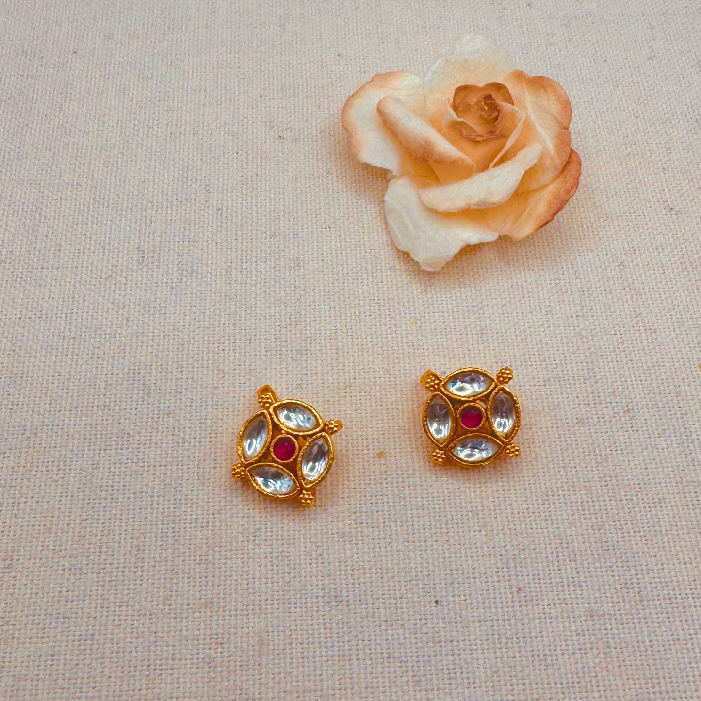 Red and white kundan round Ear Cuffs