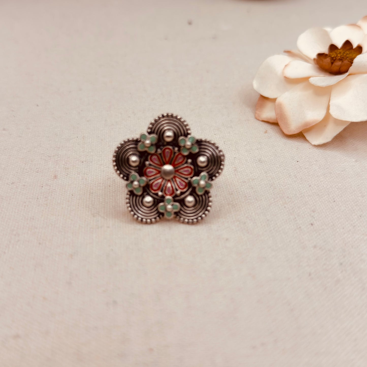 Pink Green Enamel Flower Chandrika Coin Ring